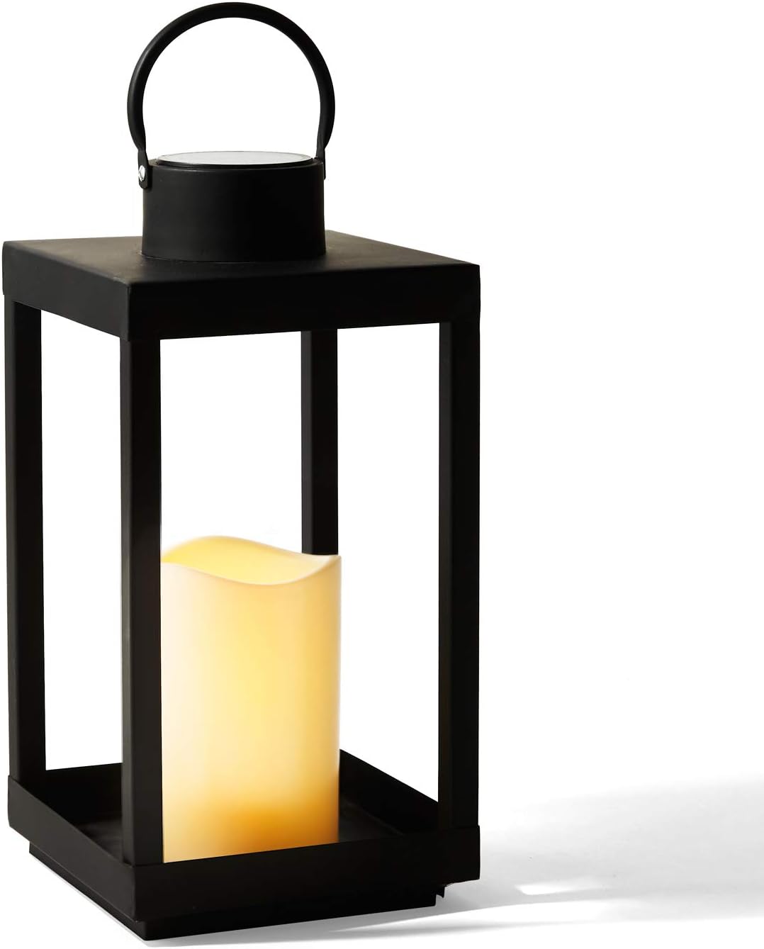 Large Outdoor Lantern with Solar Candle, 18 Inch Tall, Matte Black Metal Frame, Waterproof Flameless Pillar Candle V98774