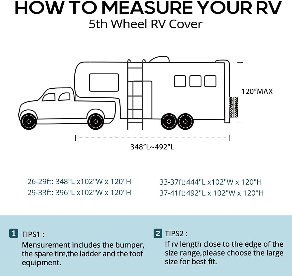 5th Wheel RV Cover, Extra-Thick 6-ply, Fits 37 - 41Ft Motorhome, Waterproof Rip-Stop, with 2 Windproof Straps, 4 Tire Covers O366