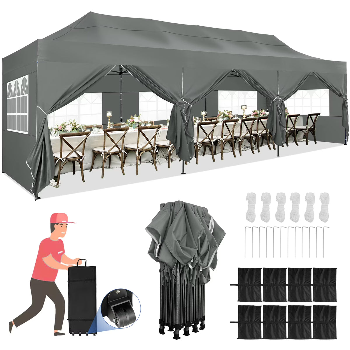 10'x30' Heavy Duty Pop Up Canopy Tent with 8 Removable Sidewalls, Grey K74495