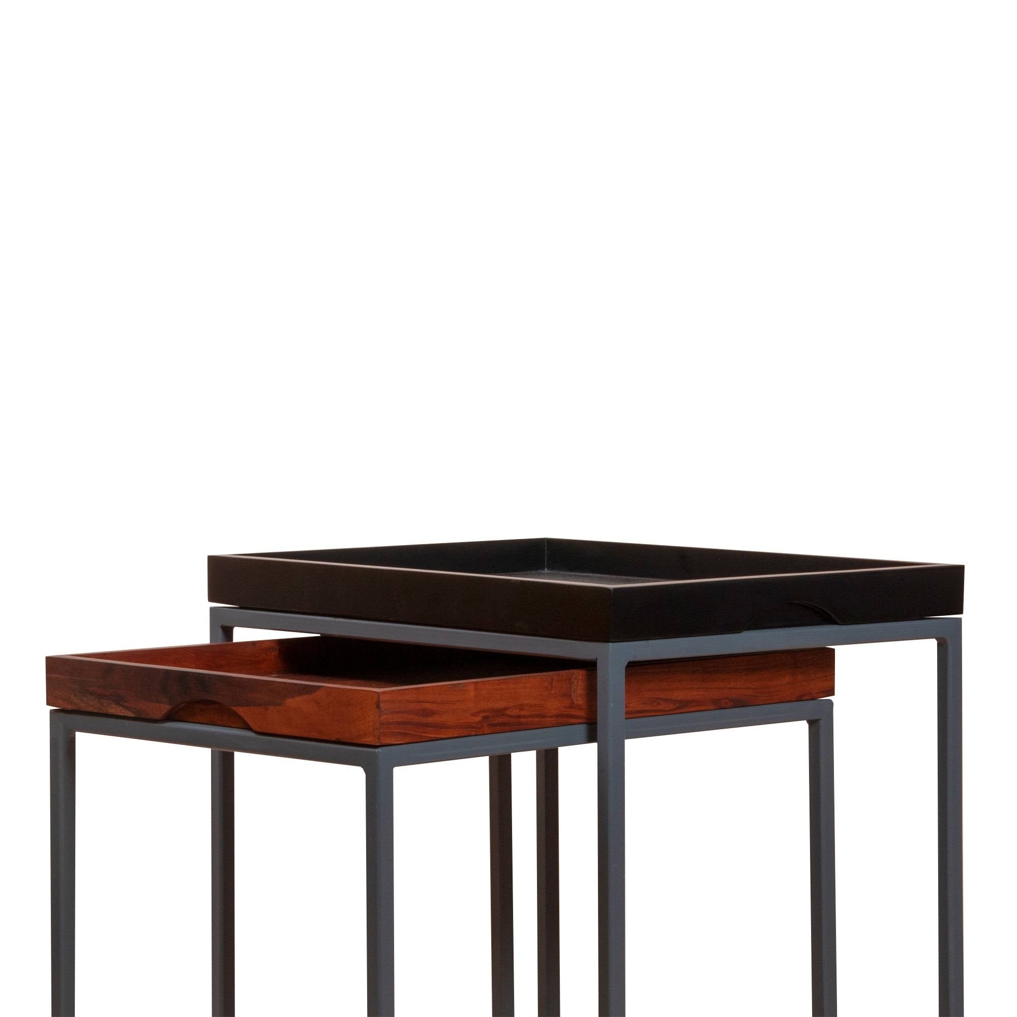 2 Piece Wooden Tray Top Nesting Table Set with Metal Frame, Brown and Black W2286