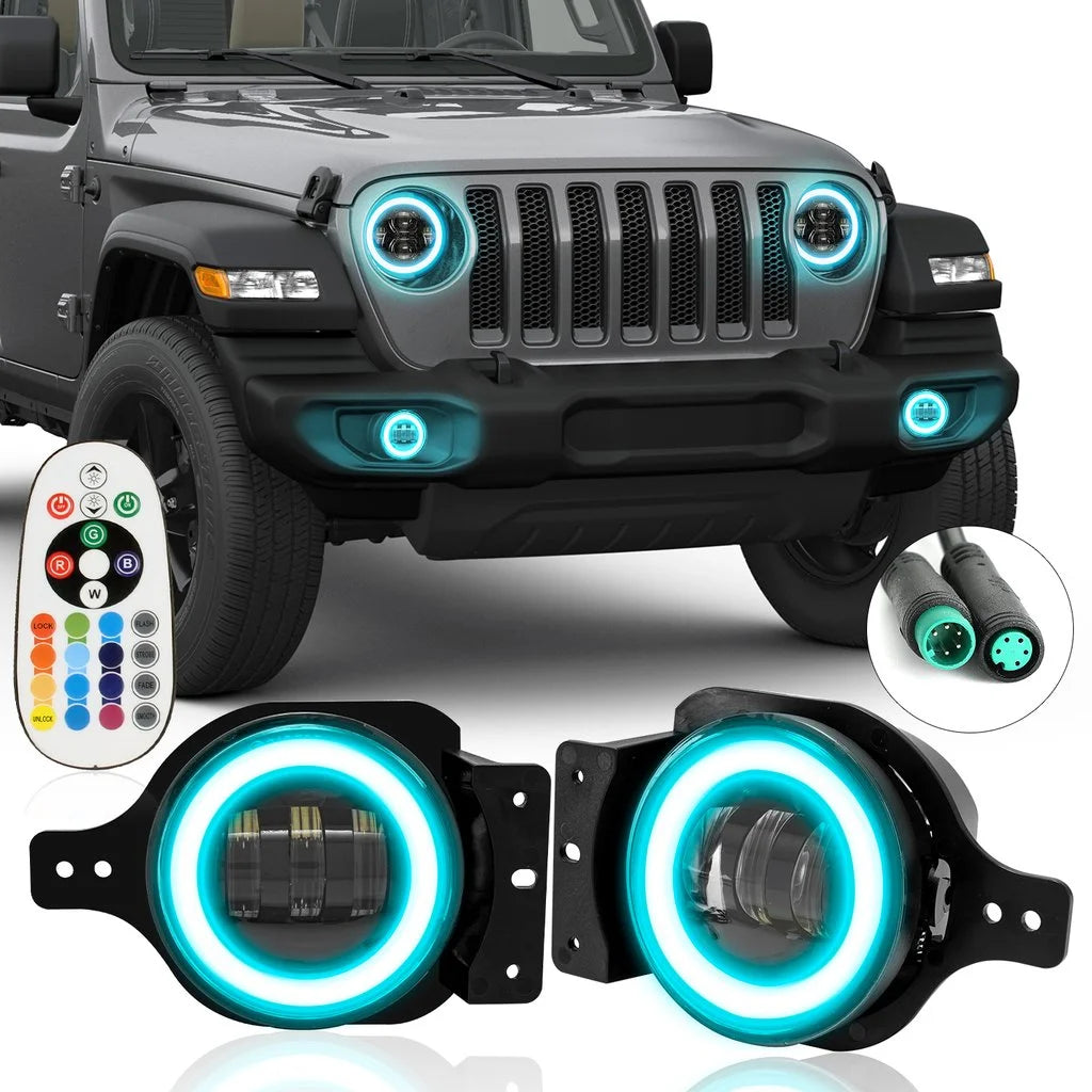 RGBW Series 9" 3D LED Lens Halo Headlights with 4" Fog Lights Combos P453887