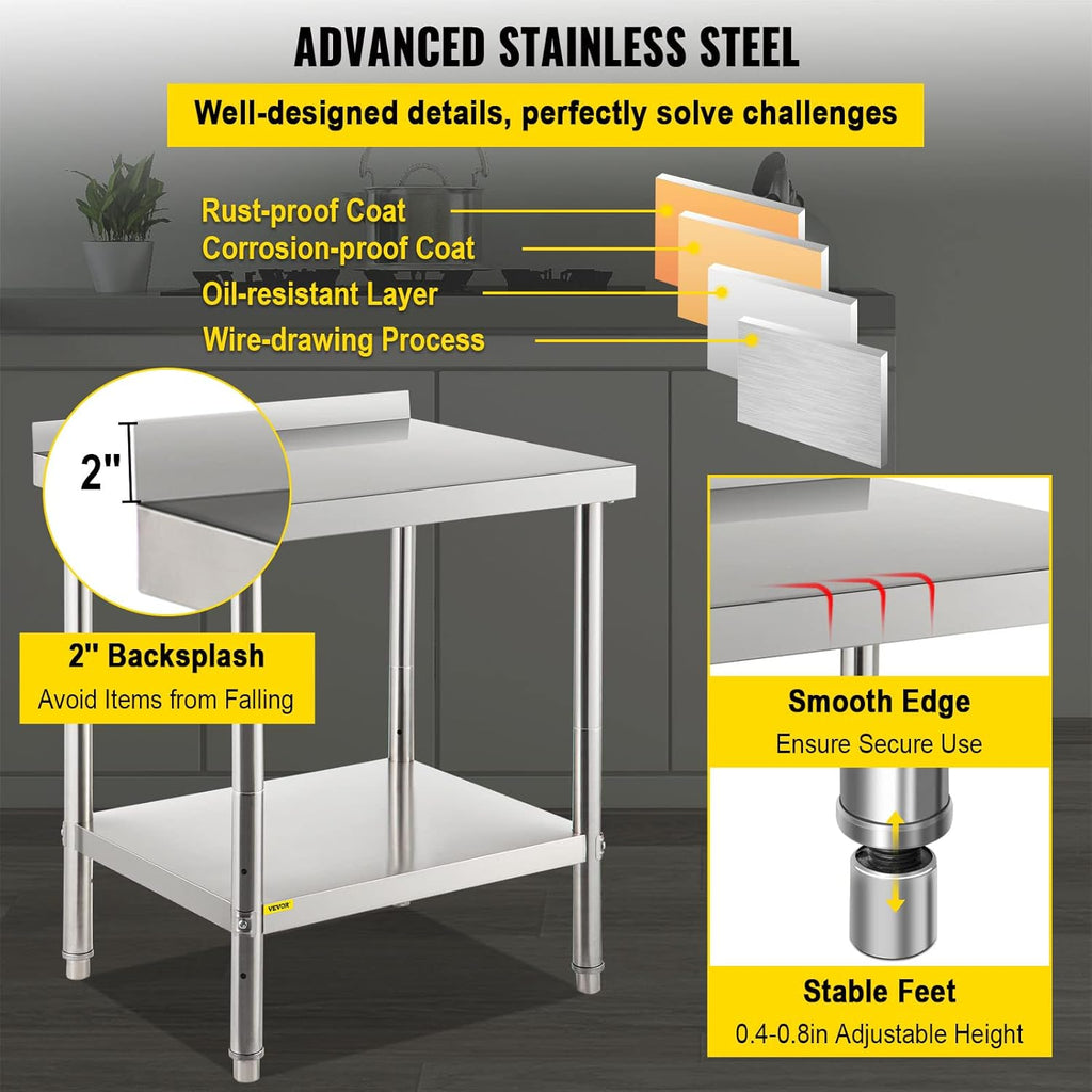 Stainless Steel Prep Table with Backsplash and Adjustable Undershelf T47522