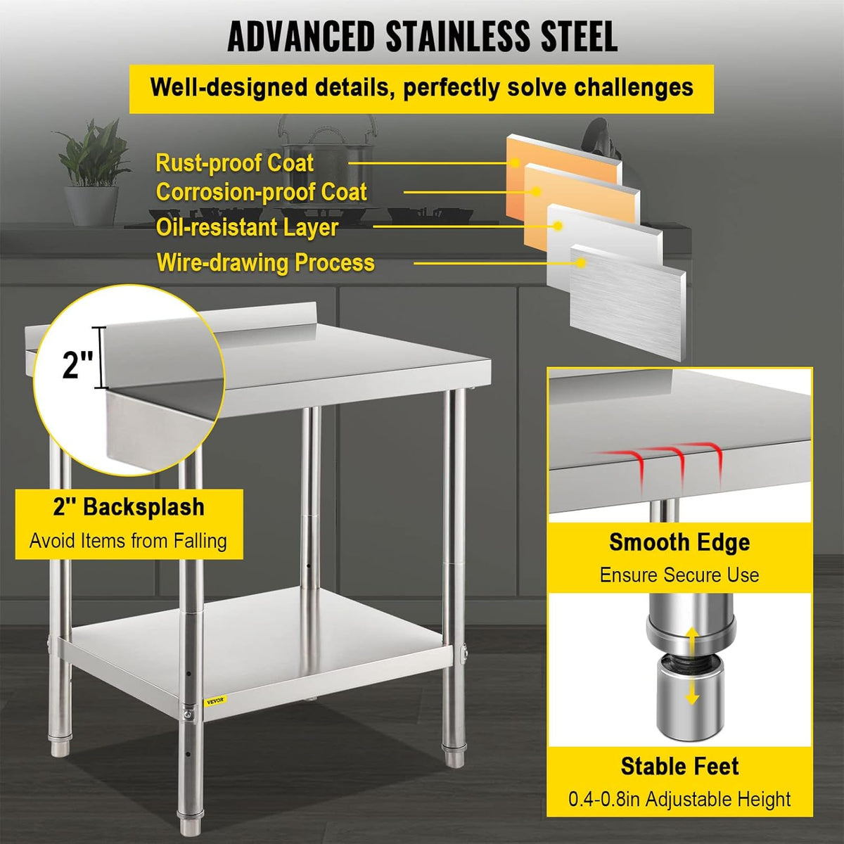 Stainless Steel Prep Table with Backsplash and Adjustable Undershelf T47522