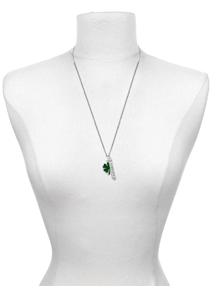 Silvertone Two Sided Green Enamel Four Leaf Clover Guardian Angel Bar Charm Necklace, 23" K316252