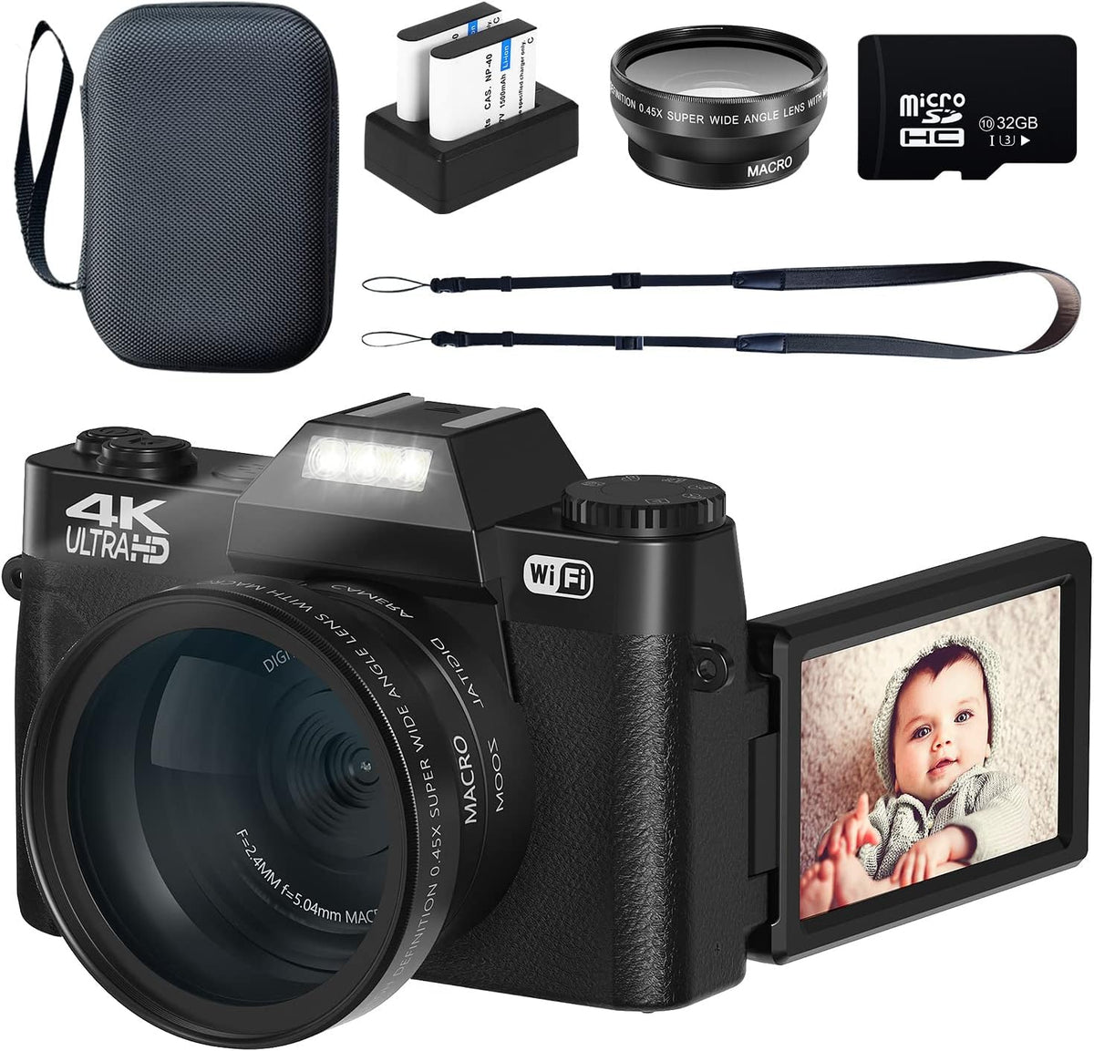 Purple 4K 48MP Digital Camera with WiFi, 32GB SD Card, 2 Batteries C511