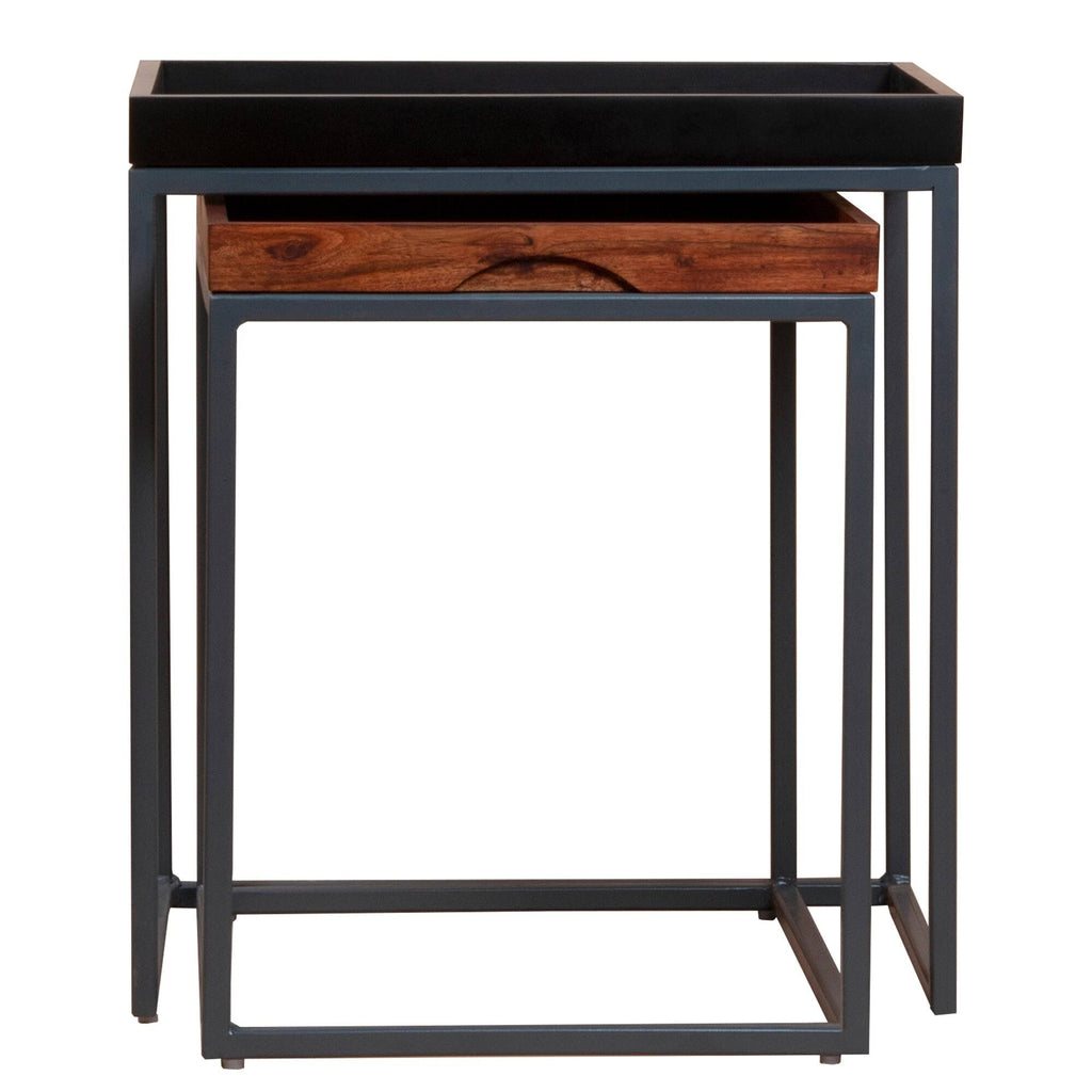 2 Piece Wooden Tray Top Nesting Table Set with Metal Frame, Brown and Black W2286