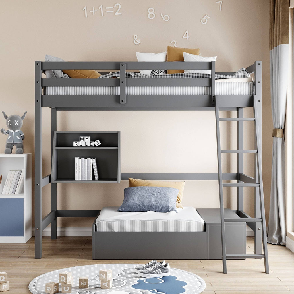 White Twin Loft Bed with Storage Drawer & Shelf K659