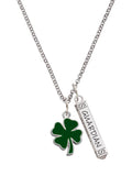 Silvertone Two Sided Green Enamel Four Leaf Clover Guardian Angel Bar Charm Necklace, 23" K316252