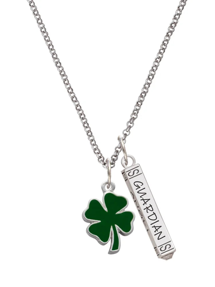 Silvertone Two Sided Green Enamel Four Leaf Clover Guardian Angel Bar Charm Necklace, 23" K316252