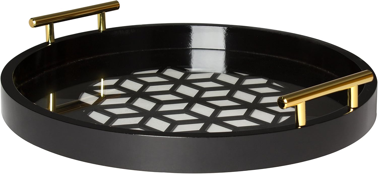 Navy and Gold Round Decorative Tray with Metal Handles M502235
