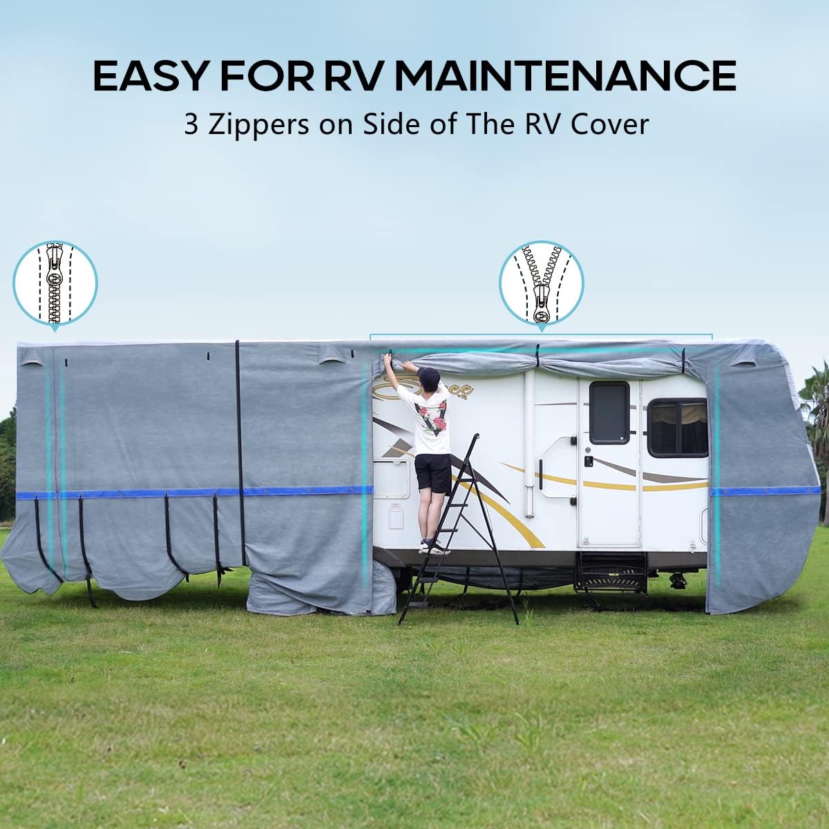 5th Wheel RV Cover, Extra-Thick 6-ply, Fits 37 - 41Ft Motorhome, Waterproof Rip-Stop, with 2 Windproof Straps, 4 Tire Covers O366