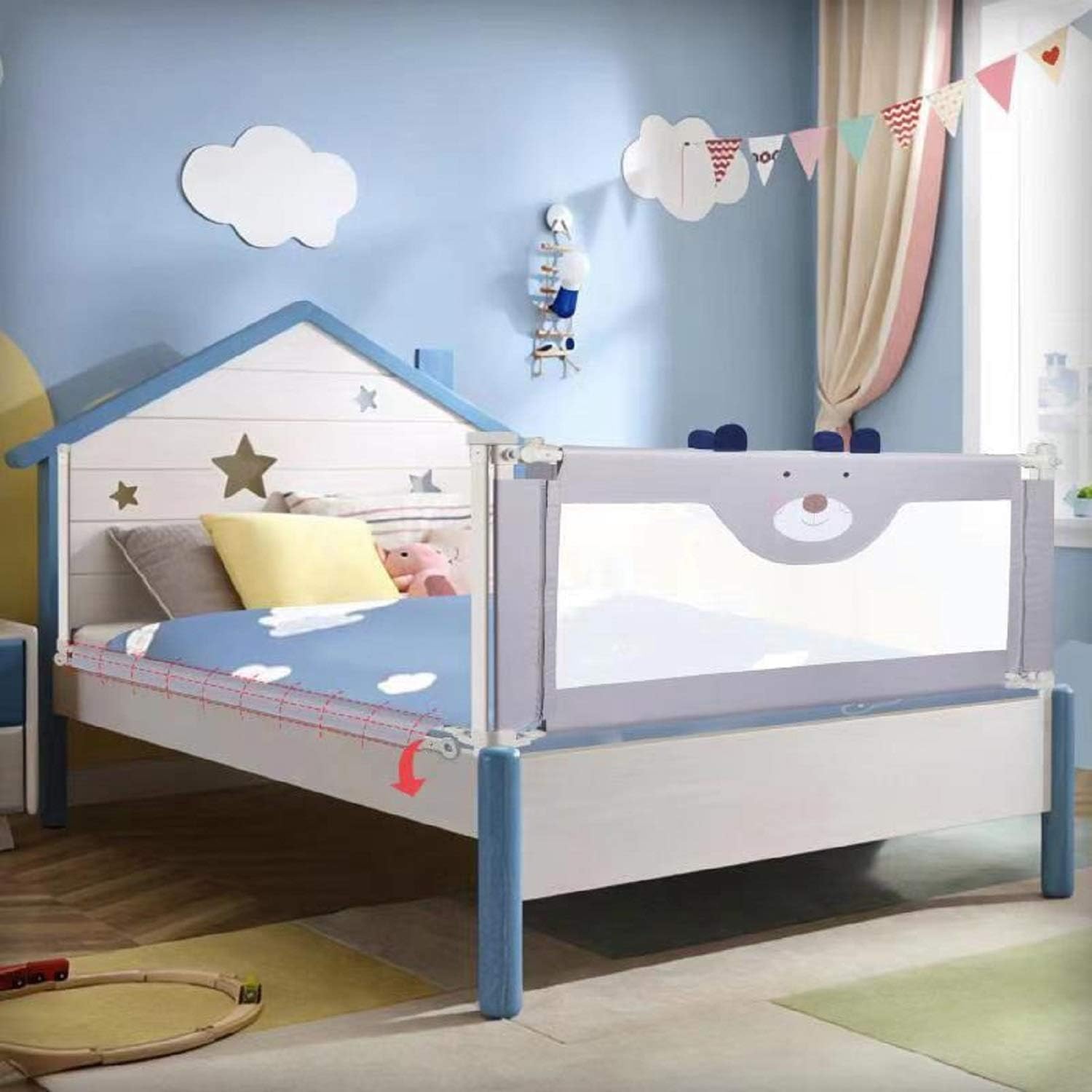 Extra Tall Safety Bed Guard for Kids, Collapsible Double Lock, Fits Queen Size Bed (1 Side) J854798