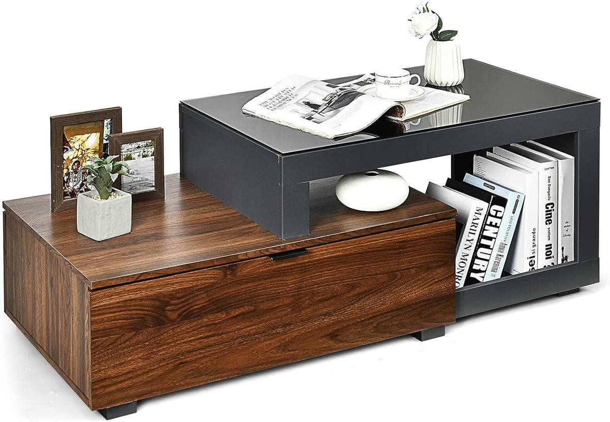 Black & Brown Rectangle Wooden Coffee Table with Toughened Glass Top & Storage Cabinet P81060