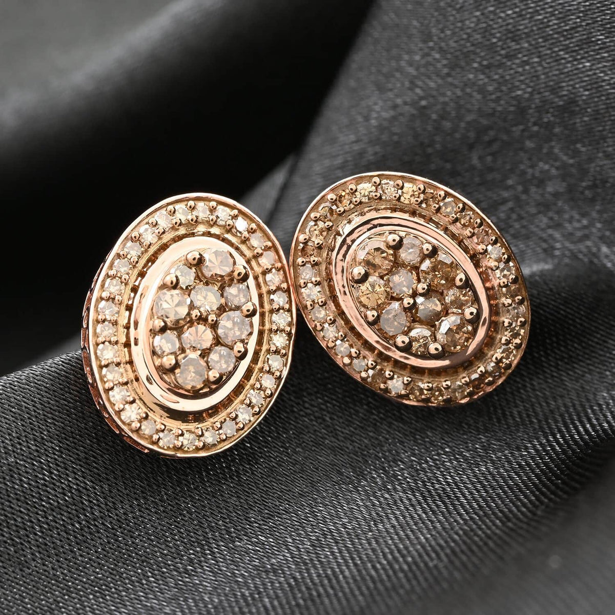 Champagne Diamond Round 925 Sterling Silver Vermeil Rose Gold Plated Cluster Stud Solitaire Earrings O64164