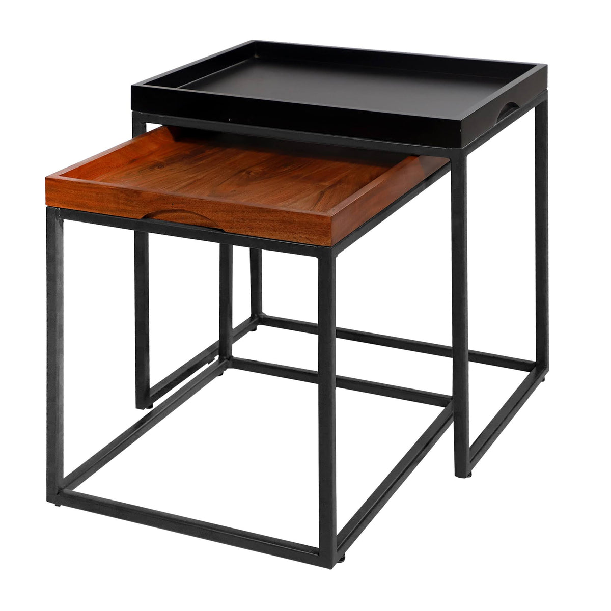 2 Piece Wooden Tray Top Nesting Table Set with Metal Frame, Brown and Black W2286
