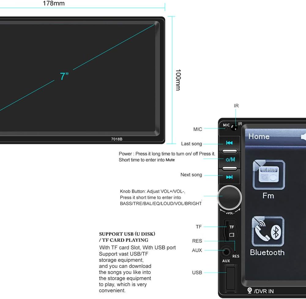 7 LCD Touch Screen Double Din Car Stereo with Bluetooth H8017